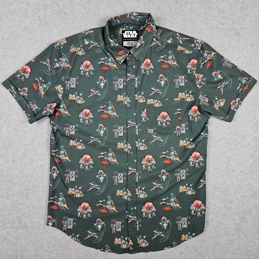 RSVLTS Men XL Green Star Wars Boba Fett Short Sleeve Button Shirt A Bounty A Day